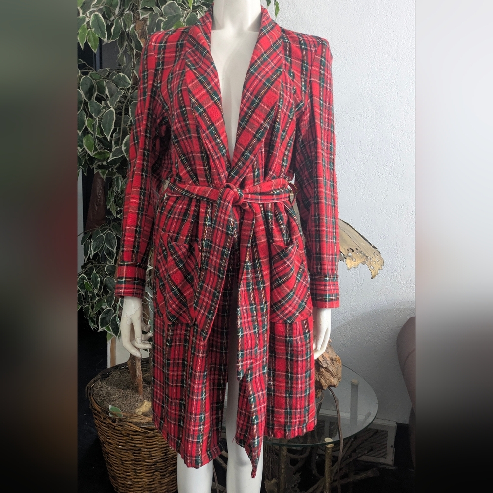 VTG Montgomery Ward Stewart Tartan Plaid Unisex Acrylic Robe Small 2 Pockets